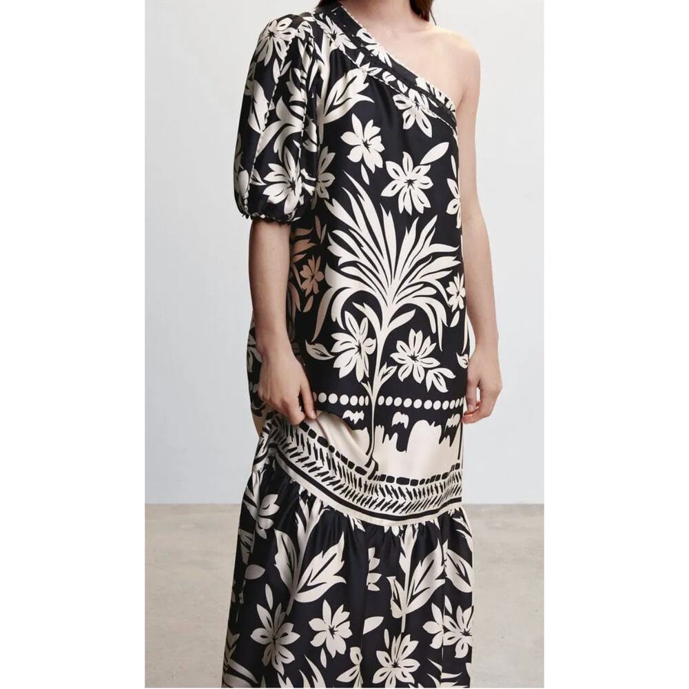 MANGO off the shoulder black and white floral pattern tiered dress- Size 4